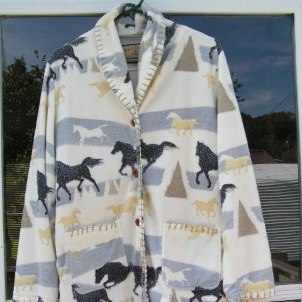 Bits & Bridle Fleece Jacket; size Large; white w/prints